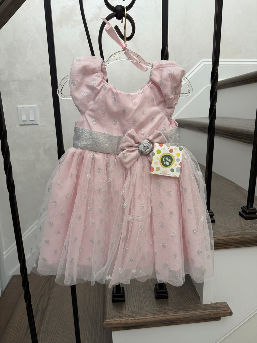 Little Me NWT Baby Girls Pink Silver Polka Dot Tulle Special Occasion Dress 12M